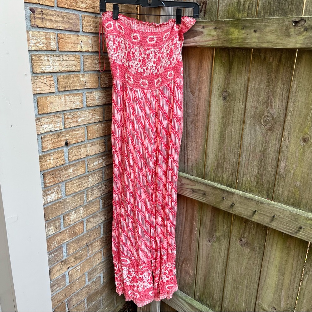 Free People Red Patterned Strapless Jumpsuit - image 4